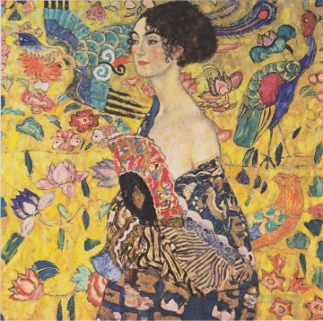 グスタフ・クリムトのファンを持つ女性 Oil Paintings